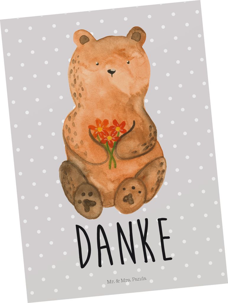 Mr. & Mrs. Panda Postkarte Bär Dankbar - Grau Pastell - Geschenk, Danke, Dankeschön, Teddy, Blumen, Grußkarte, bildkarte, Ansichtskarte, Ansicht...