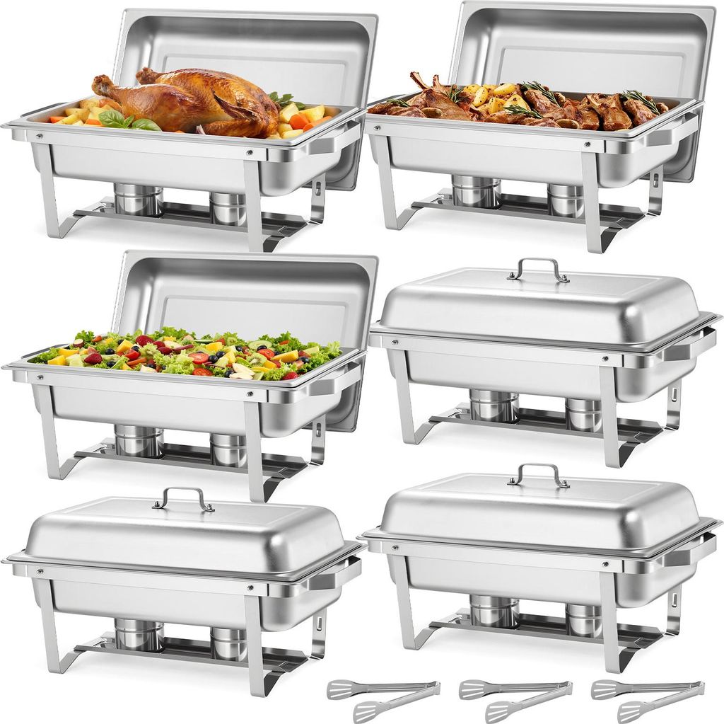 VEVOR rechteckiger Chafing Dish Set 8,5 L Speisenwärmer (6 Stk.) Buffet Warmhaltebehälter mit Griff & 3 Lebensmittelzangen & Deckel & Brennstoffh...