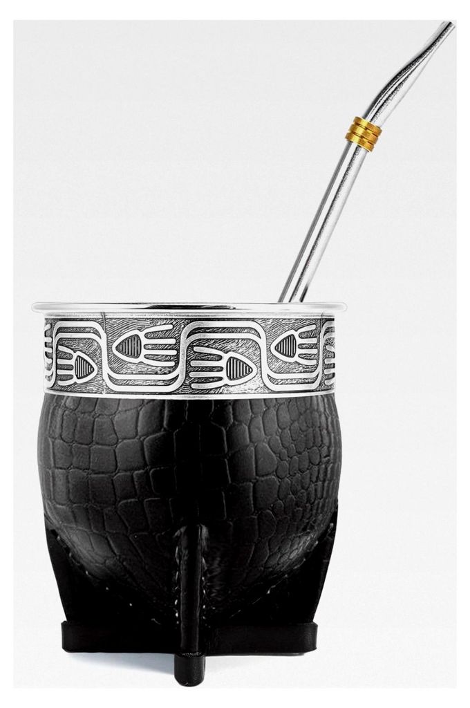 Imperial Mate Kürbis mit Bombilla Set, Yerba Mate Teetasse, Mate Strohhalm und Reinigungsbürste, Guarda Rupestre - Fischstil (Schwarz)