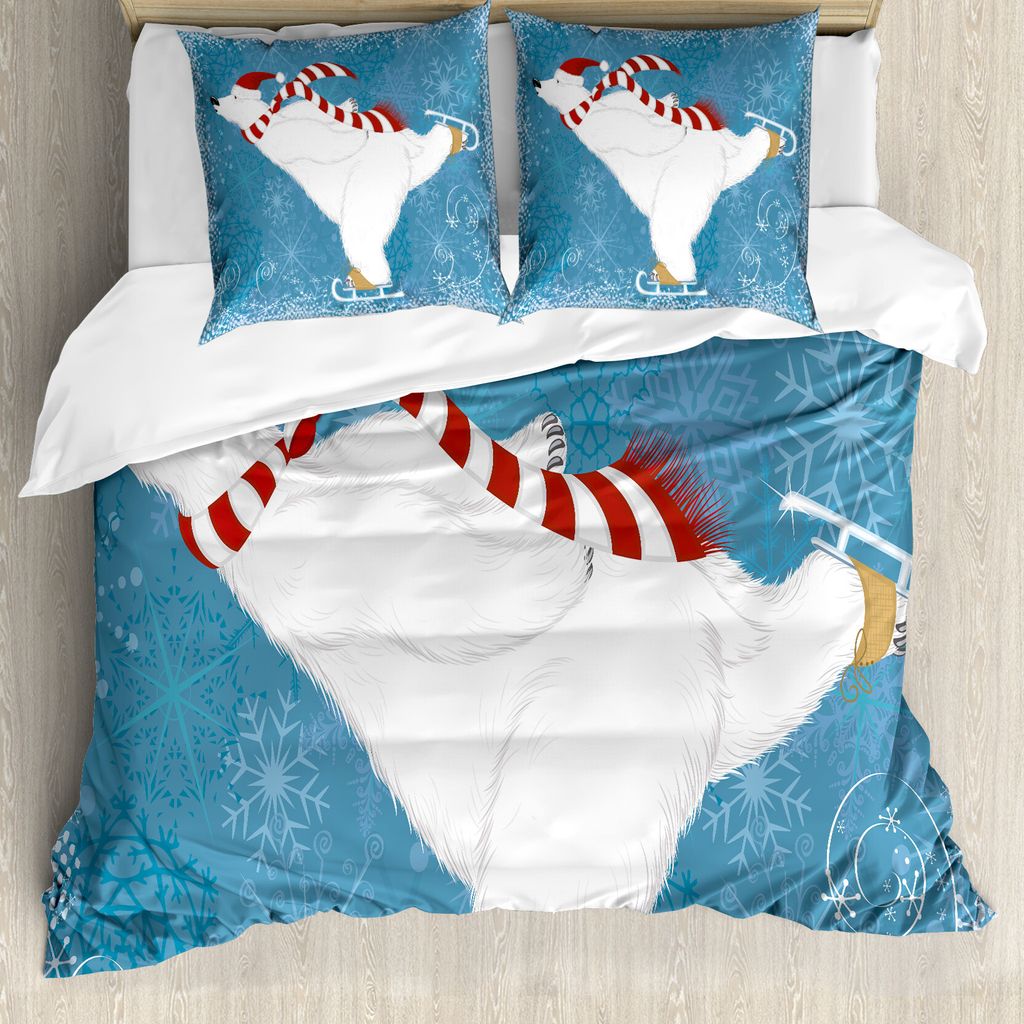 ABAKUHAUS Bär Bettbezugs Set Für Doppelbetten, Eislaufender Eisbär, Milbensicher Allergiker geeignet mit Kissenbezügen, Mehrfarbig, Bunt