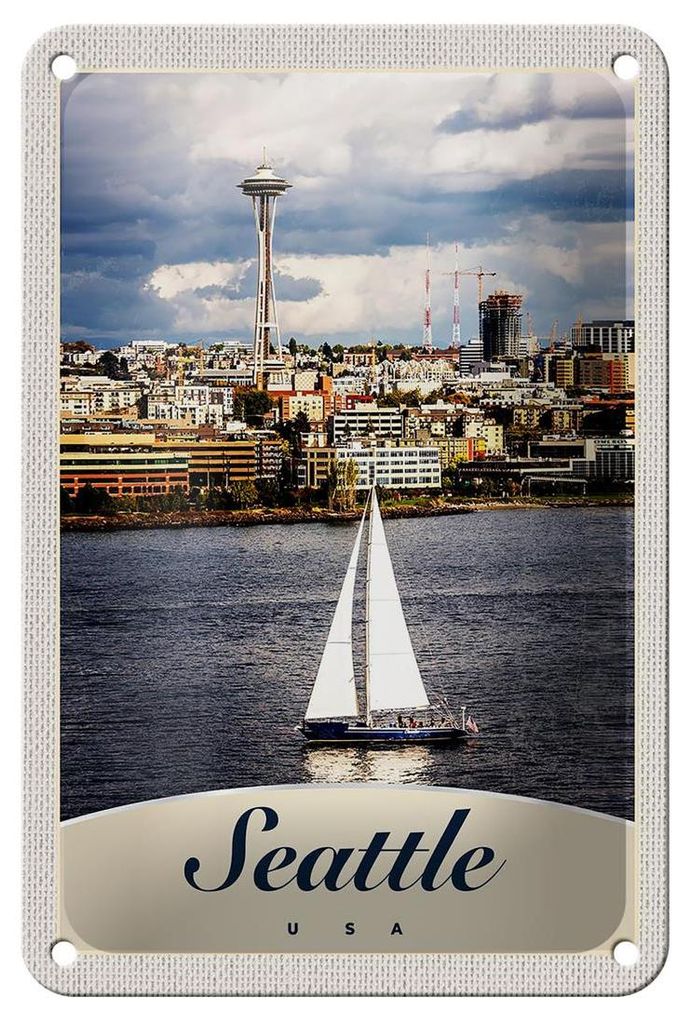 Blechschild Reise 12x18cm Seattle USA Boot Schiff Stadt Meer Schild