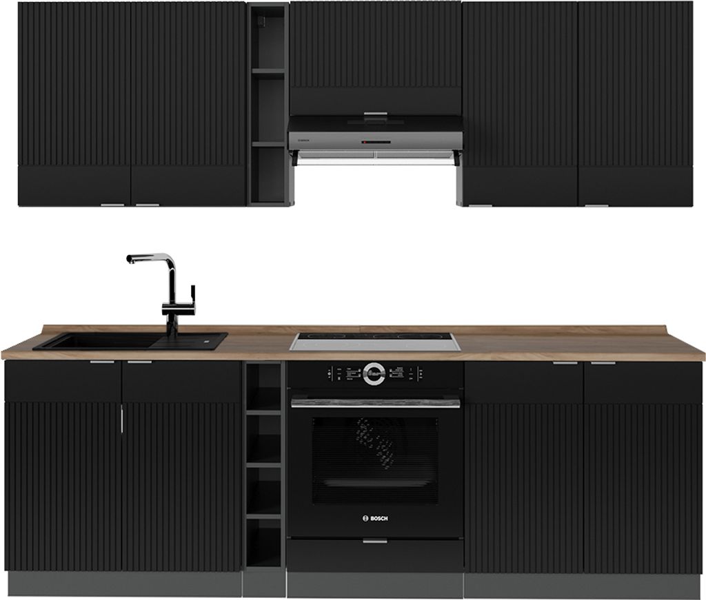 Küchenzeile Vicco Fame-Line Schwarz gestreift/Anthrazit 235 cm , AP Eiche, Model 51029