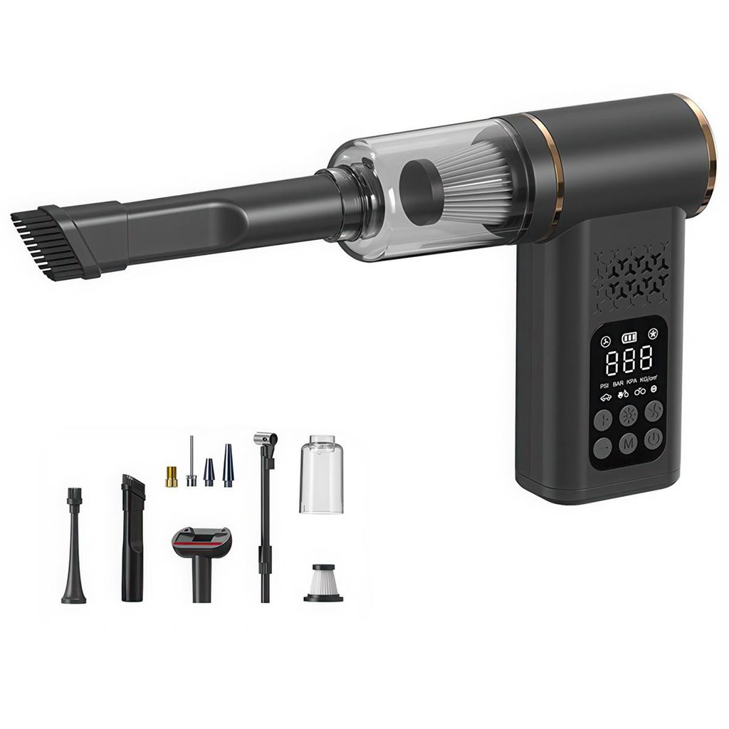 Kabelloser Auto-Staubsauger 5-in-1, Handstaubsauger & Reifenpumpe, wiederaufladbar, LED Licht, Tierhaare, Autozubehör, Outdoor & Camping