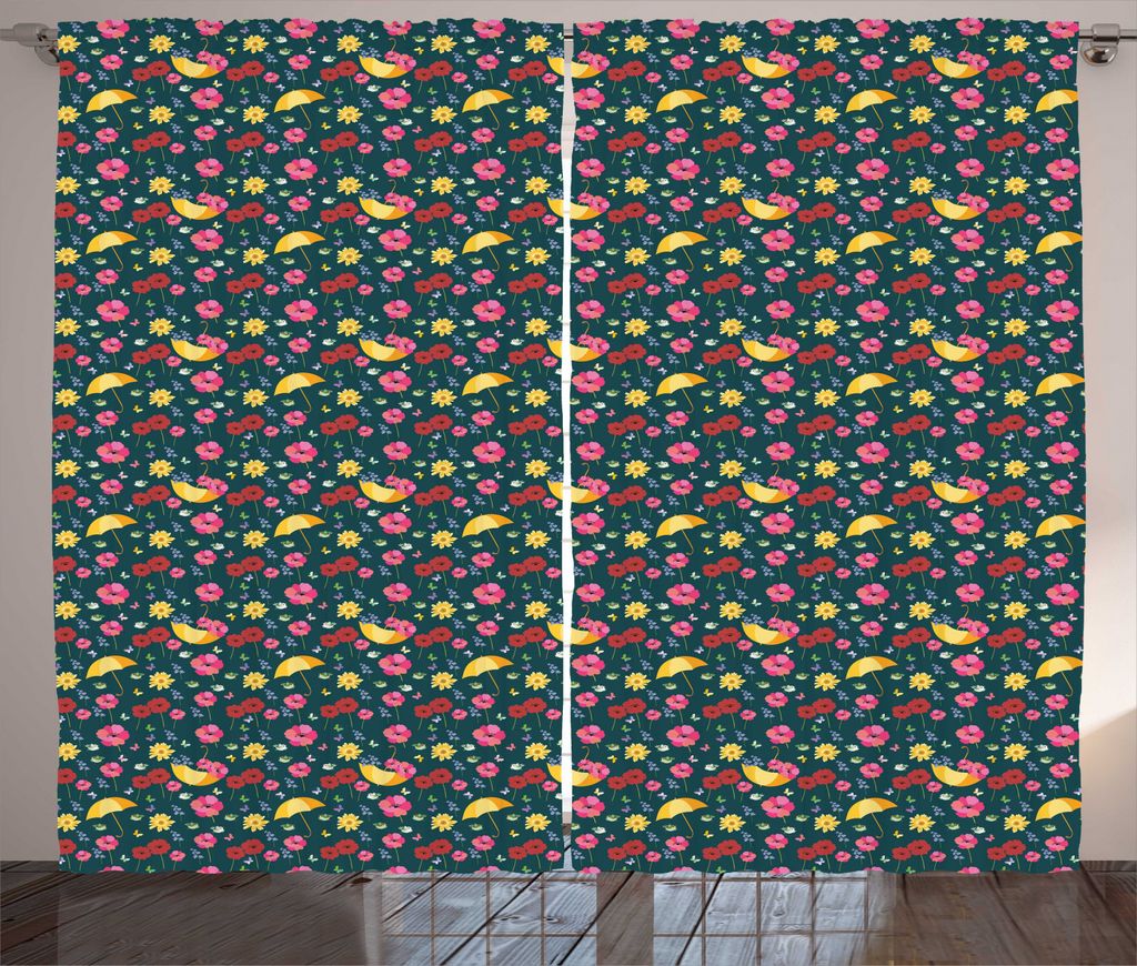ABAKUHAUS Blumen Rustikaler Vorhang, Blumen Regenschirme und Vögel, Wohnzimmer Universalband Gardinen mit Schlaufen und Haken, 280 x 225 cm, Dunkl...