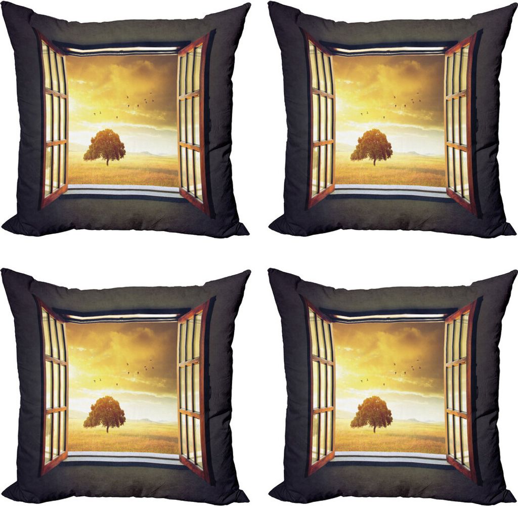 ABAKUHAUS Frühling Kissenbezug Set (4 Stück), Spring Birds Land, Moderner Doppelseitiger Digitaldruck, 45 cm x 45 cm, Grau Marigold Brown