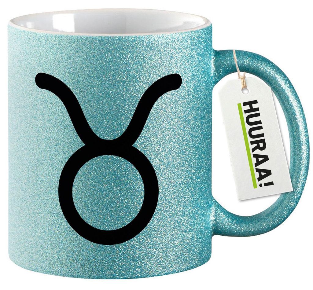 Huuraa Glitzertasse Stier Sternzeichen Zeichen 330ml Blau Keramik Kaffeebecher Geschenkidee