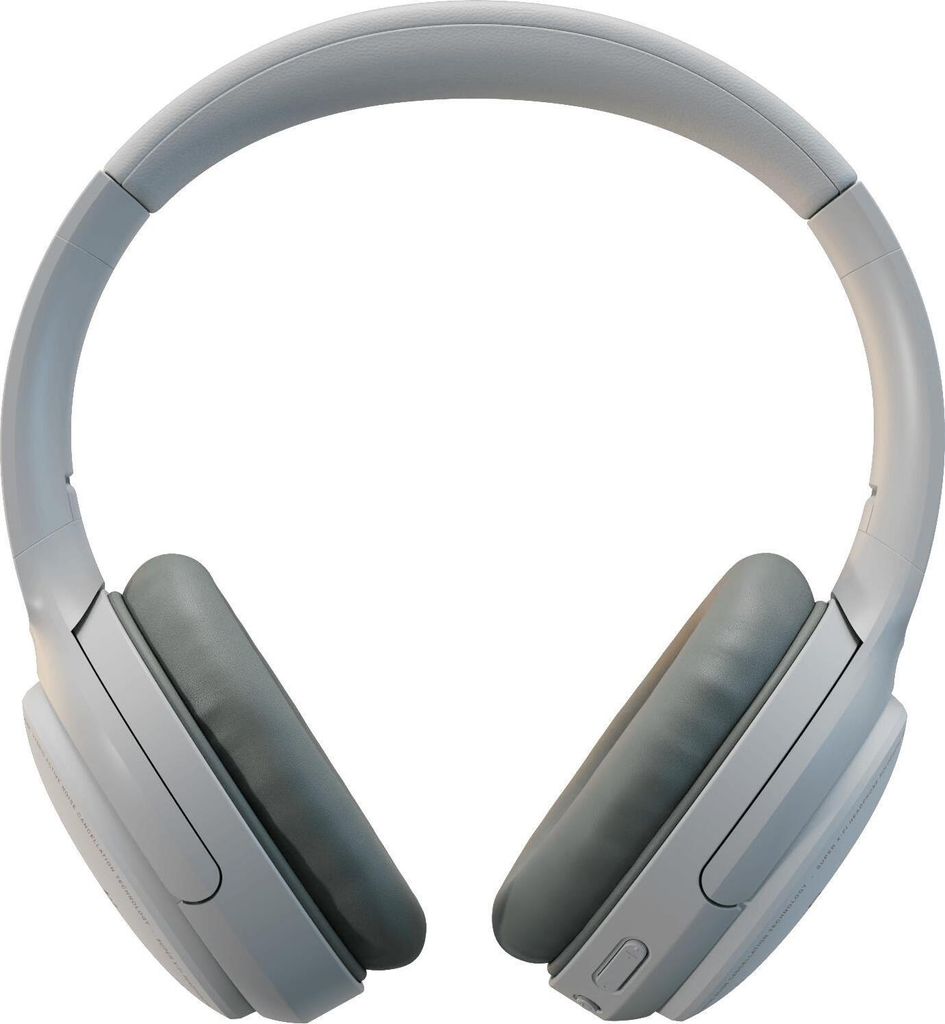 A pair of white and gray on-ear headphones are shown against a white background.