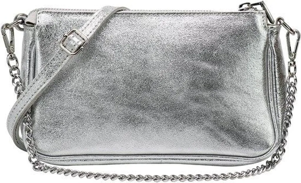 Sac à bandoulière en cuir véritable argenté avec boutons décoratifs