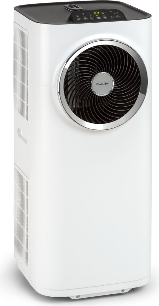 A white portable air conditioner is shown against a white background.