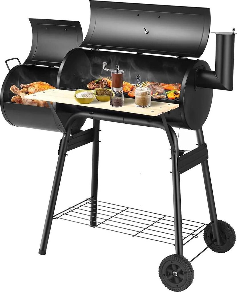BBQ Holzkohlegrill - Grillwagen/Smoker/Räuchergrill - Deckel - Seitenfeuerbox - Seitentisch - Ablage - Holzgriffe - Schwarz