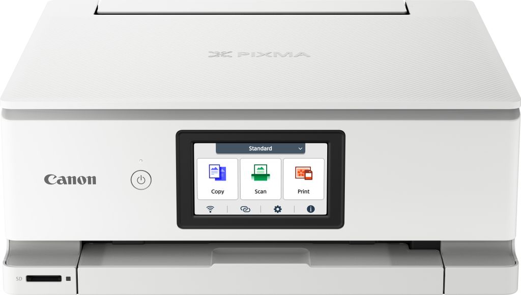A white Canon PIXMA TS8751 WLAN color multifunction photo printer is shown from the front.