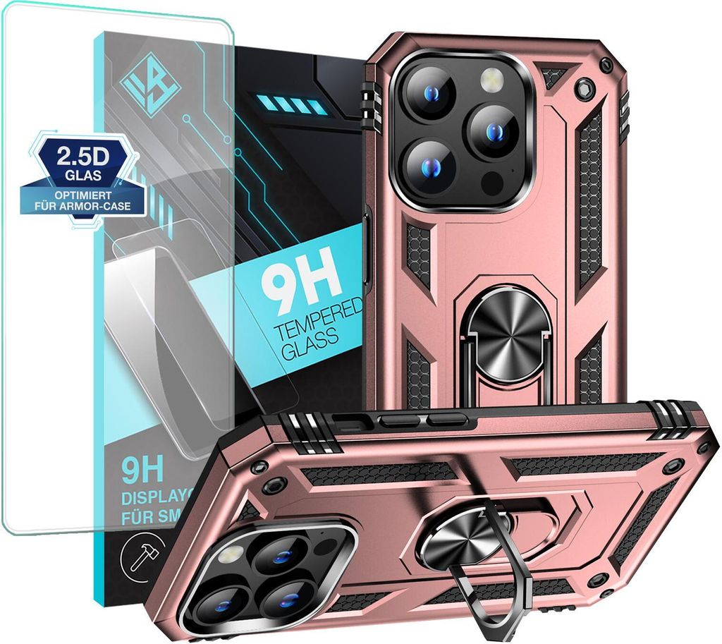 Armor Outdoor Handyhülle für Apple iPhone 15 Pro Max Handy Panzer Case Schutzhülle mit 9H Displayglas Displayschutz Farbe: Rosegold