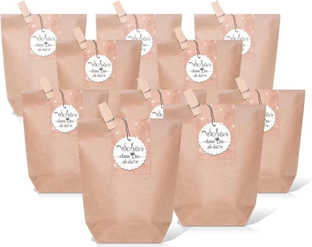 25 kleine braune natur Geschenktüten Papier-Tüten + beschreibbare Aufkleber WEISS KLEEBLATT Glücksbringer 14 x 22 x 5,6 cm Verpackung Geschenk H...