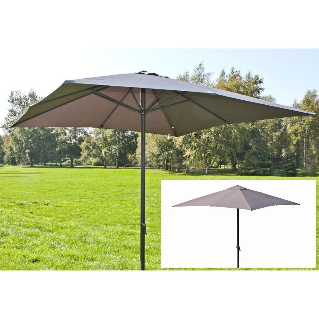 A large square umbrella is set up in a grassy park with trees in the background. A smaller inset image shows the umbrella from a different angle.