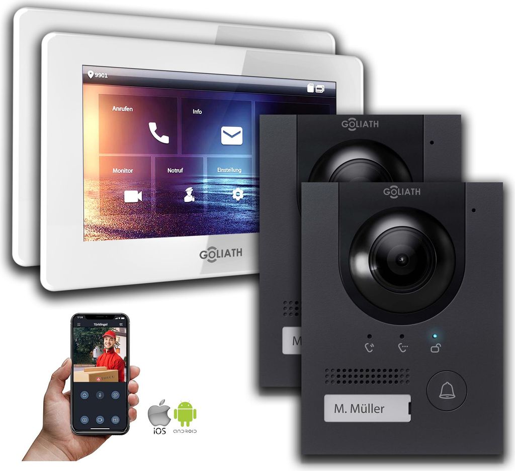 Goliath IP Video Gegensprechanlage 7-Zoll 2-Monitor 2-Türklingel Anthrazit : 7 Zoll in Weiß : Unterputzdose : 4er POE (Standard) Türklingel