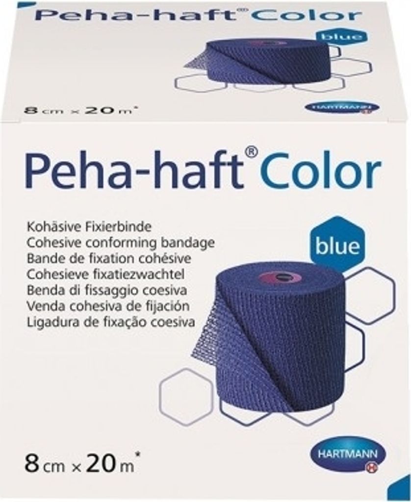 A product box for a blue cohesive bandage.