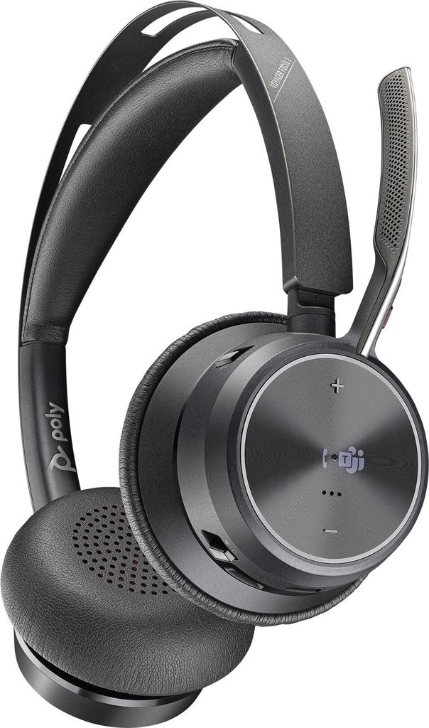 A close-up studio shot of a black and gray Poly Voyager Focus 2 UC headset.