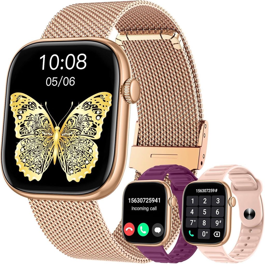 Smartwatch Damen, Frauen mit Metallarmband Telefonfunktion Wasserdicht Herzfrequenz Schlaf Sport Fitnessuhr Schrittzähler 1,83" Eckig Touchscreen