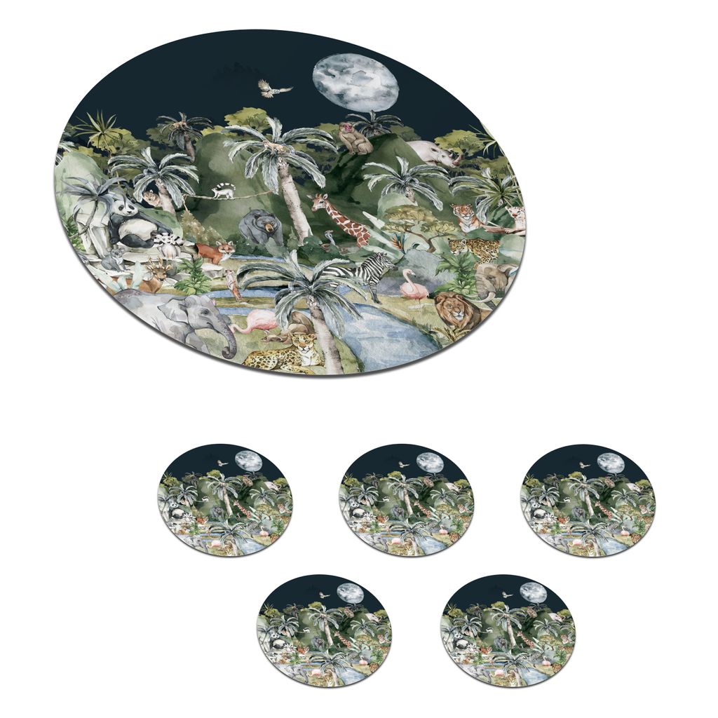 KitchenYeah Glasuntersetzer Rund 6er Set Kinder - Dschungel - Natur - Tiere - Pflanzen 10x10 cm Untersetzer für Gläser - Getränkeuntersetzer ...