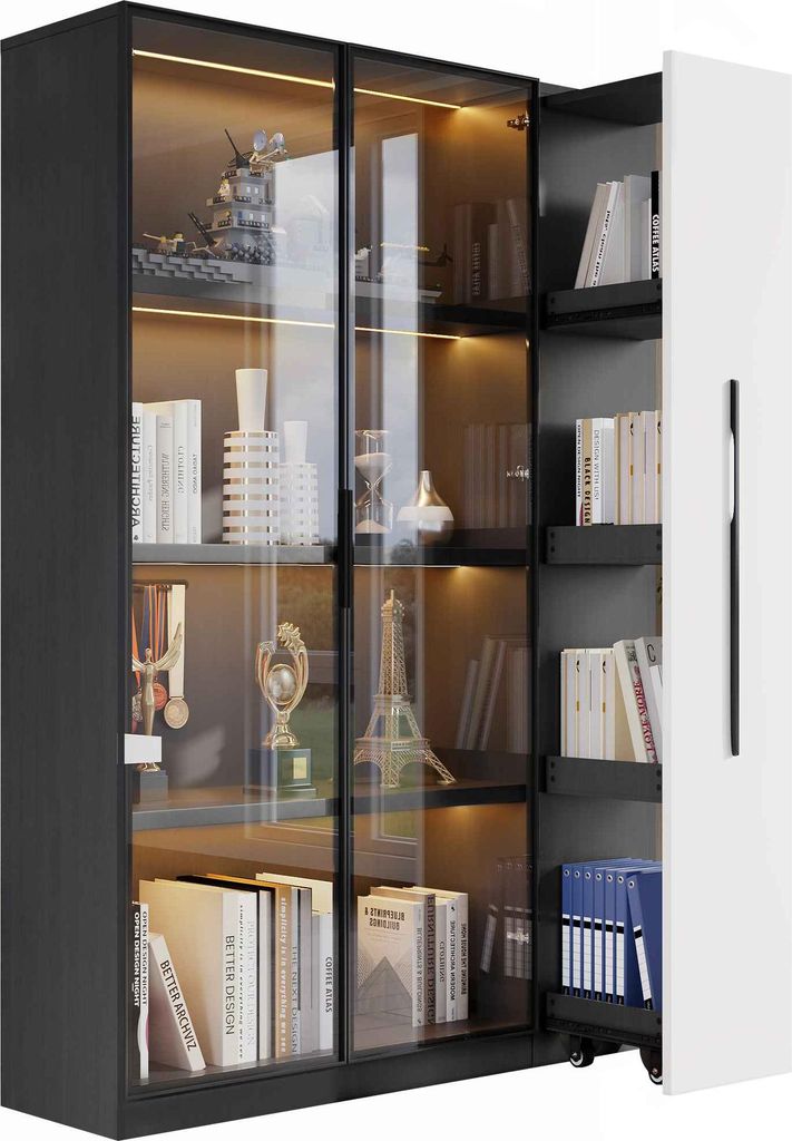 A modern, illuminated display cabinet with glass doors, showcasing various decorative items and books.