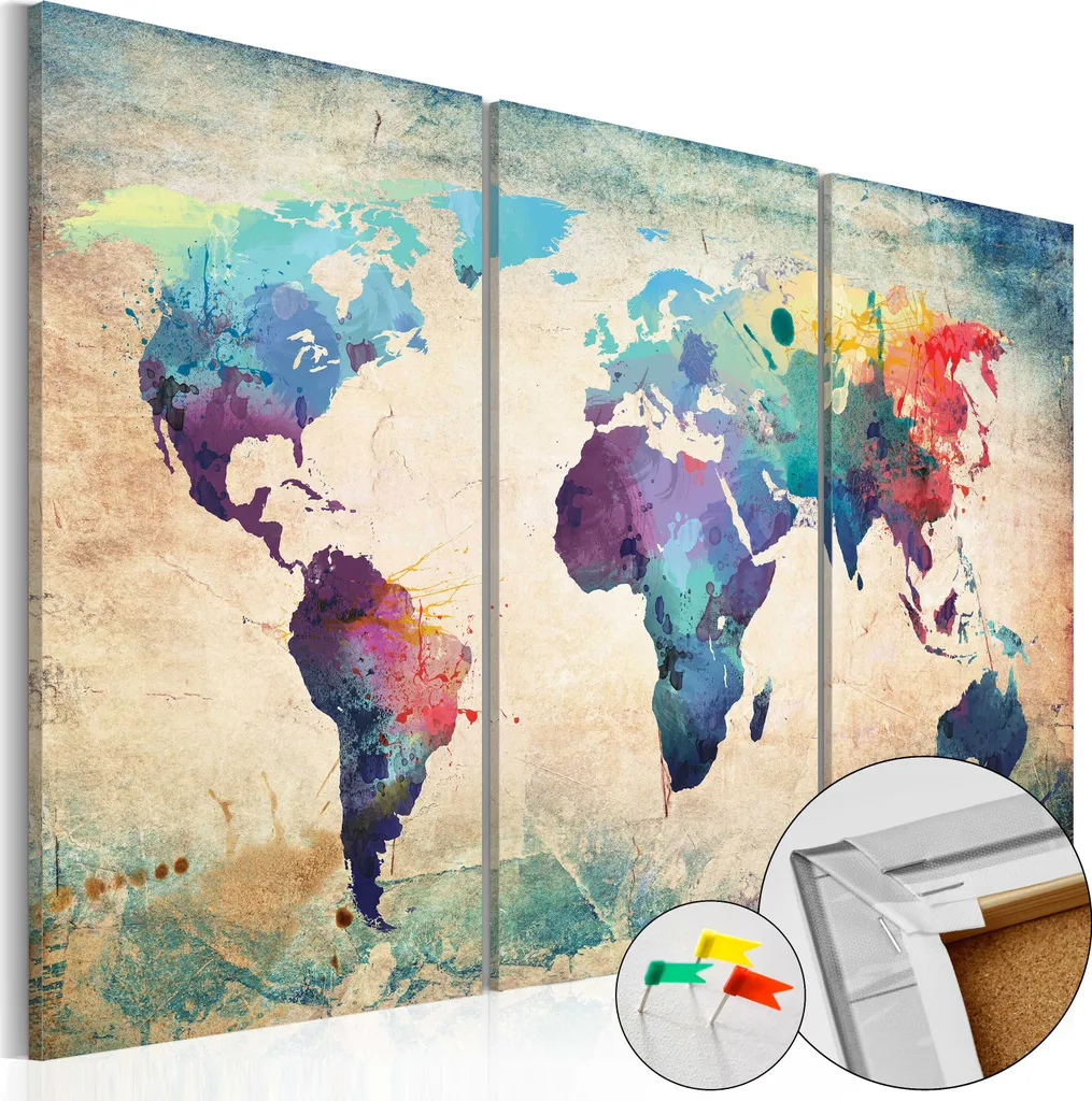 Bacheca in Sughero Rainbow Map 120x80 - Mappa da Viaggio con Puntine