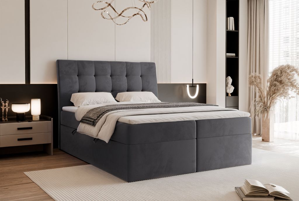 Kontinentalbett mit Matratze und Topper Boxspringbett BAILEY 160x200 cm Doppelbett mit Bettkasten Polsterbett Grau Monolith 92