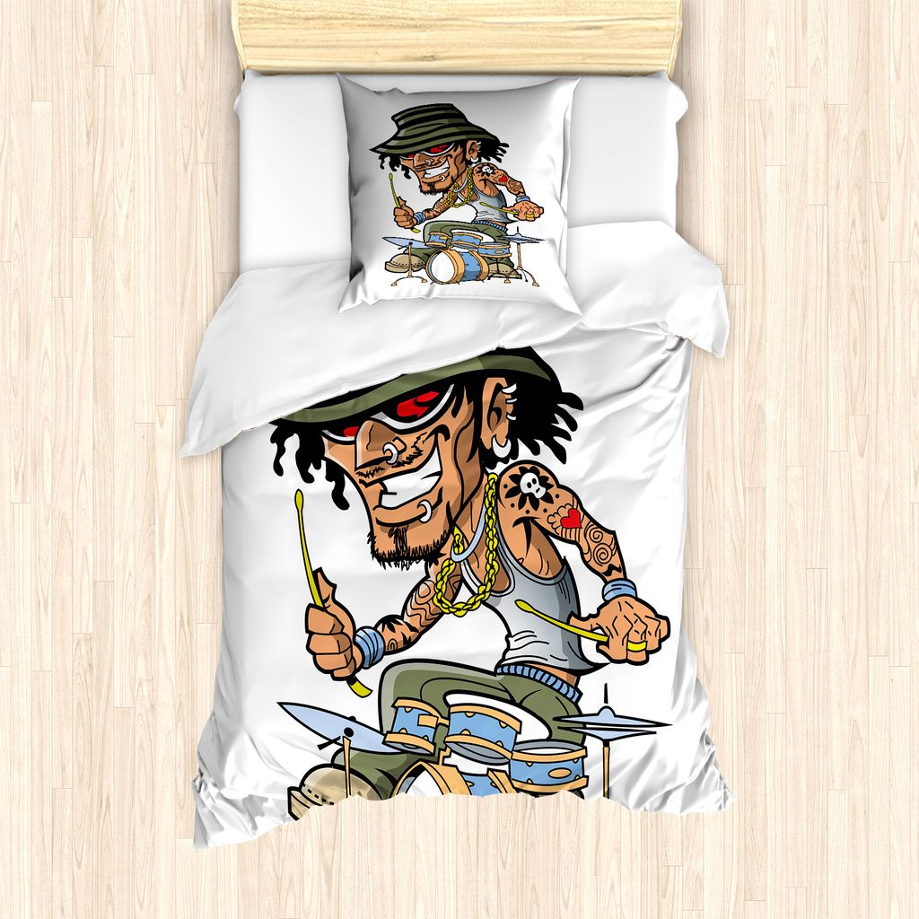 ABAKUHAUS Schlagzeug Bettbezug Set für Einzelbetten, Wild Rock Musiker Tattoos, Milbensicher Allergiker geeignet mit Kissenbezug, 135 cm x 200 cm ...