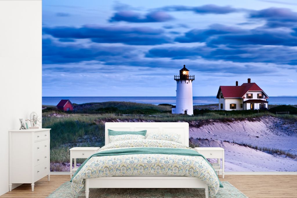 MuchoWow Fototapete für Wohnzimmer oder Schlafzimmer Wandtapete Vinyl Motivtapete Schöner Himmel über dem Leuchtturm und dem Strand am Cape Co...