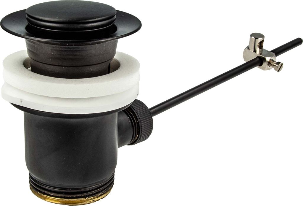 A black pop-up drain assembly for a sink with overflow.