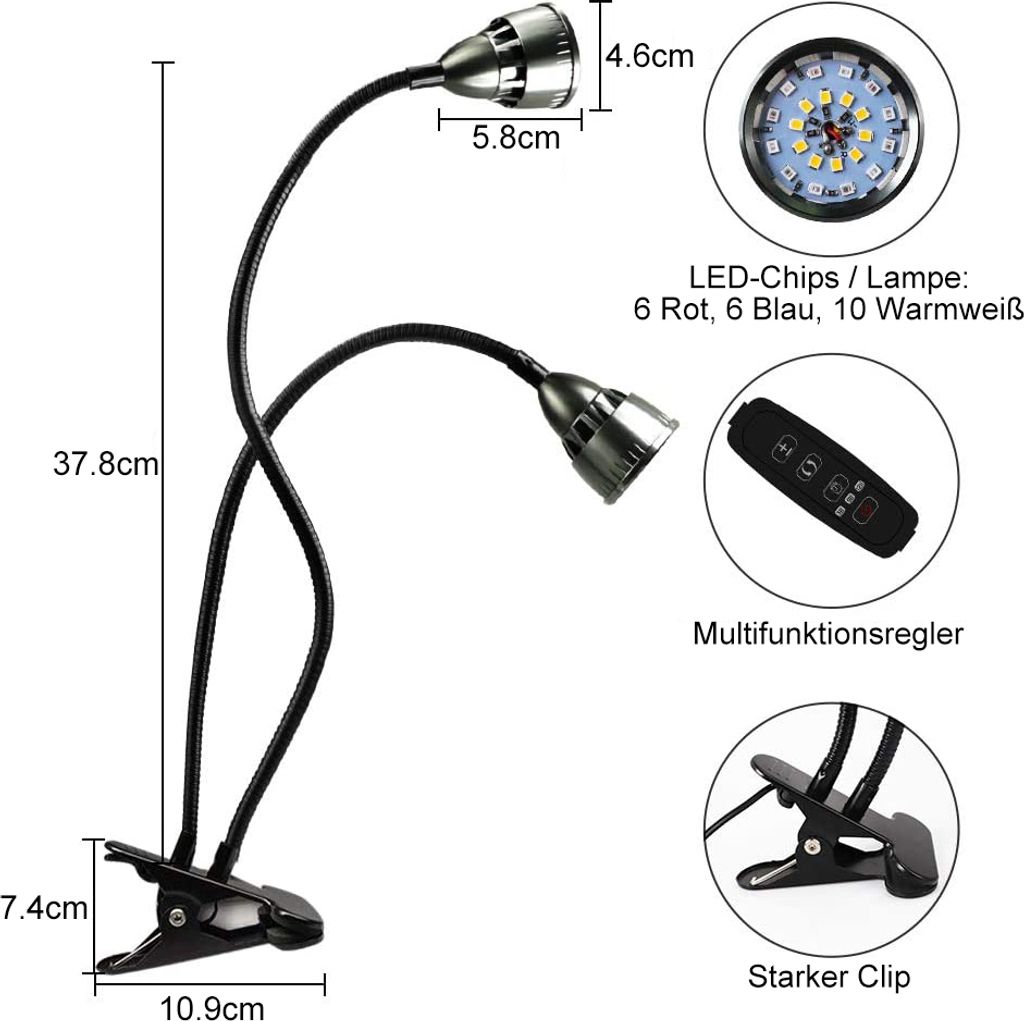 10W Doppelkopf LED Pflanze Grow Lampe für Zimmerpflanzen Produktbild 4