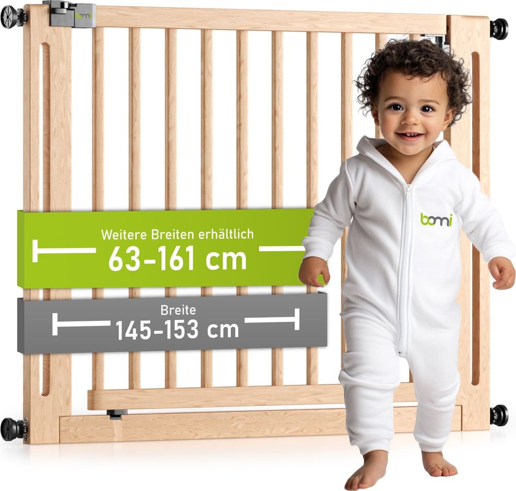 BOMI Kinderschutzgitter Miko ohne Bohren 63-161 cm | 90° Feststellfunktion | Türschutzgitter aus Buche (Holz) | Türgitter Baby Schwarz