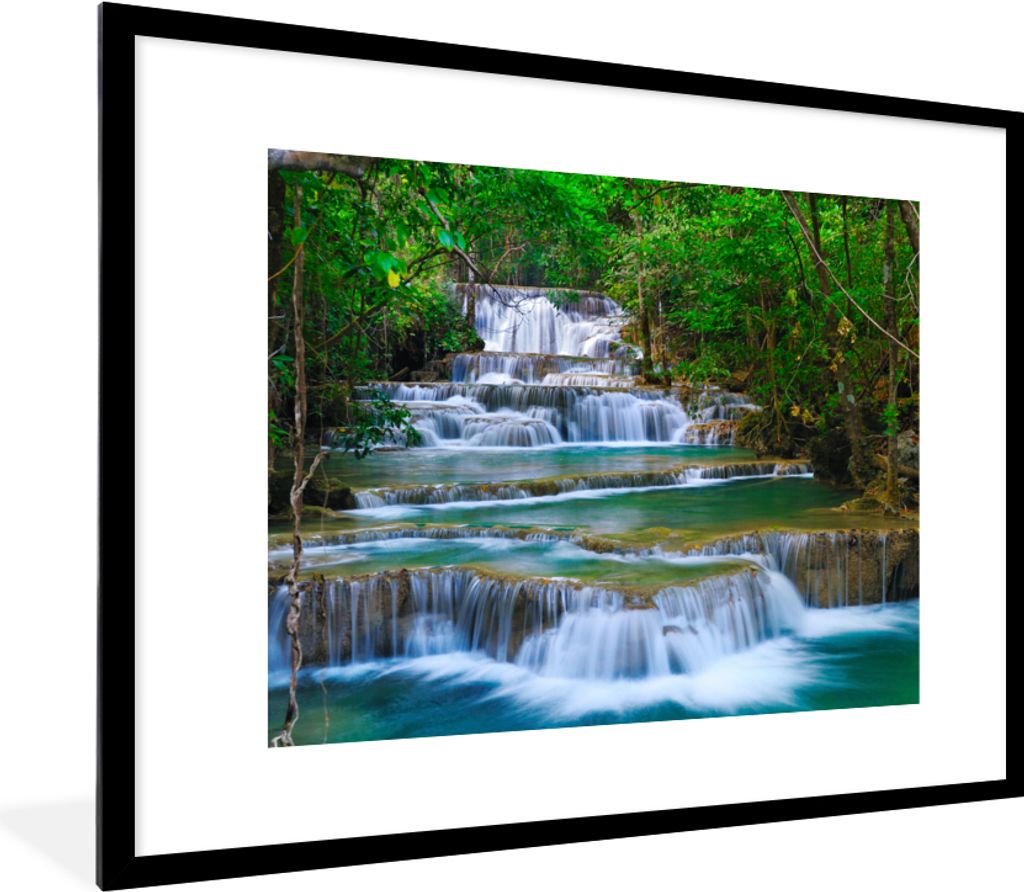 MuchoWow Gerahmtes Poster Wasserfall - Bäume - Natur - Dschungel 80x60 cm - Poster mit Schwarzem Bilderrahmen Wandposter Rahmen Foto Bilder - Sc...