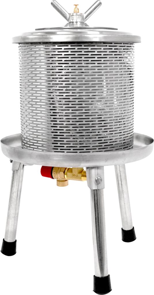 A stainless steel fruit press with legs, a sieve-like cylinder, and a lid.