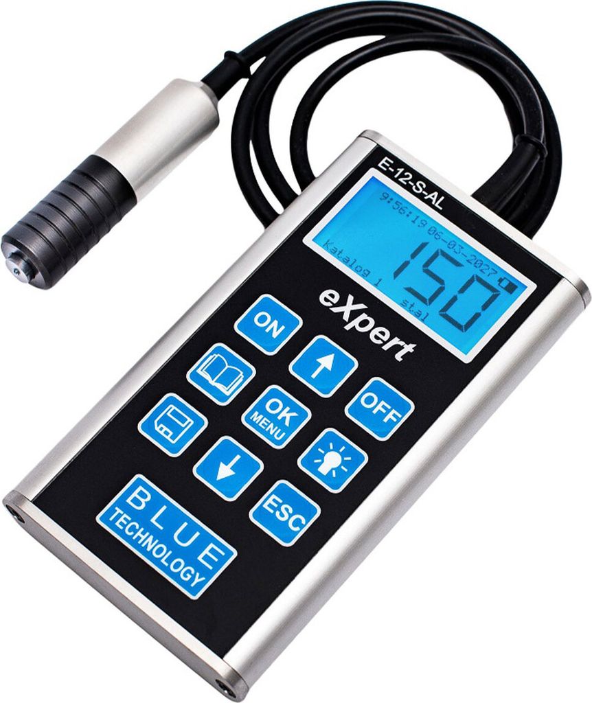 A digital thickness gauge with a probe and a display screen.