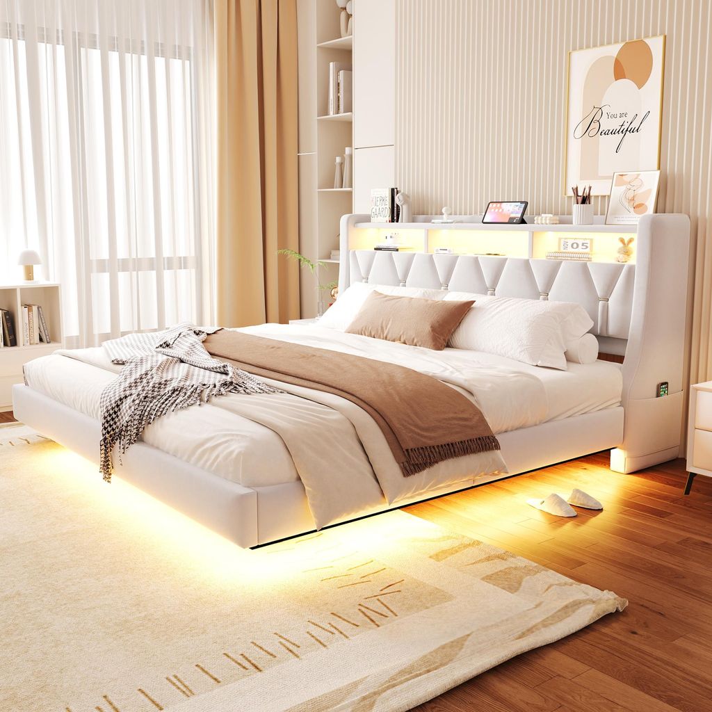 Merax Polsterbett 180x200cm mit LED Beleuchtung in schwebendes Design, Doppelbett mit umklappbares Kopfteil mit Stauraum, Samt Bett mit Typ-C,Beige