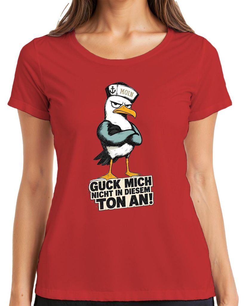 Guck mich nicht in diesem Ton an Möwe Moin Statement Sarkasmus Damen T-Shirt, Rot, 3XL