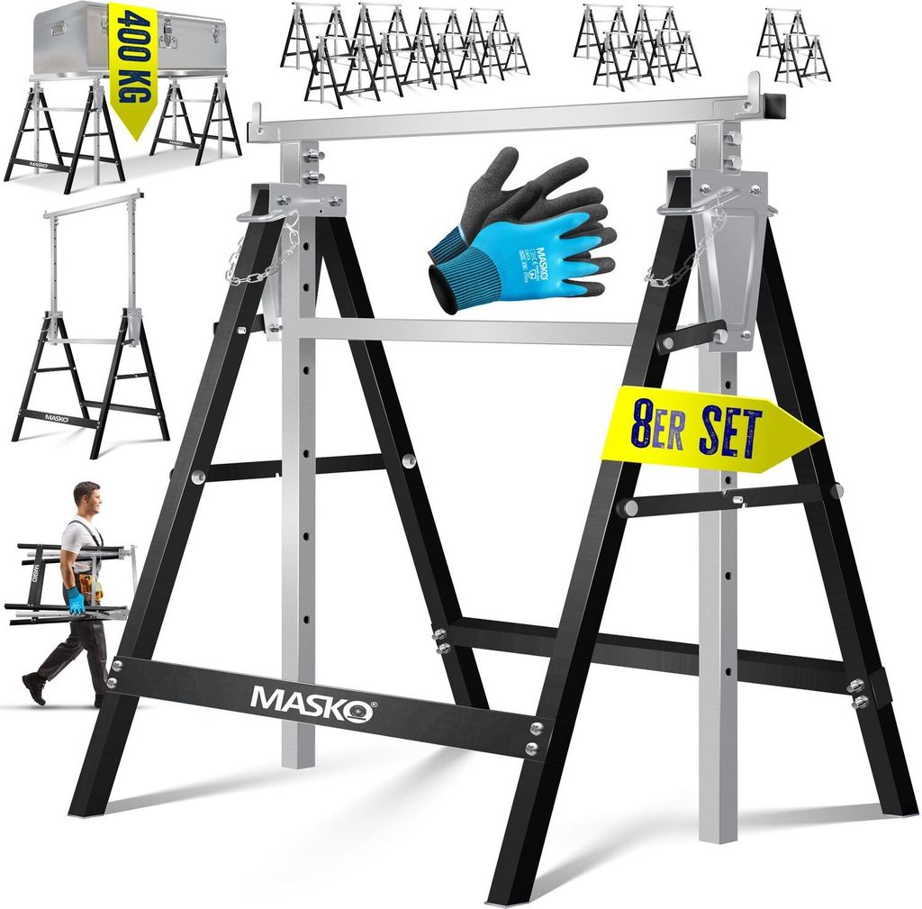 MASKO Teleskop-Arbeitsbock Untergestell | Klappbock max. Belastbarkeit 200 kg | Unterstellbock höhenverstellbar Min. / max. Arbeitshöhe 800-130...