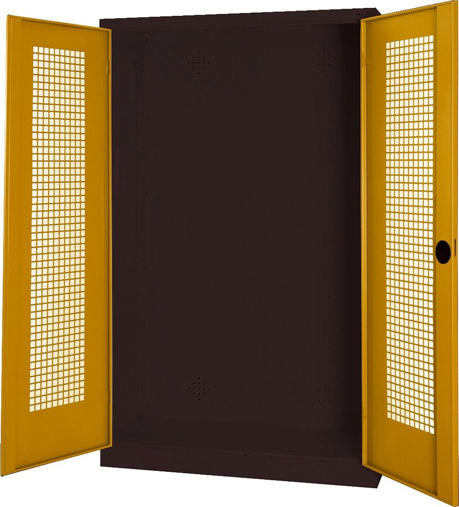 C+P Modul-Sportgeräteschrank mit Lochblech-Flügeltüren, HxBxT 195x120x50 cm, Ergo-Lock Muldengriff, Goldgelb (RAL 1004), Anthrazit (RAL 7021), E...