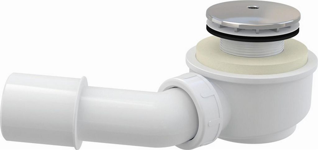 A white shower drain with a chrome cap and a flexible pipe attachment, isolated on a white background.