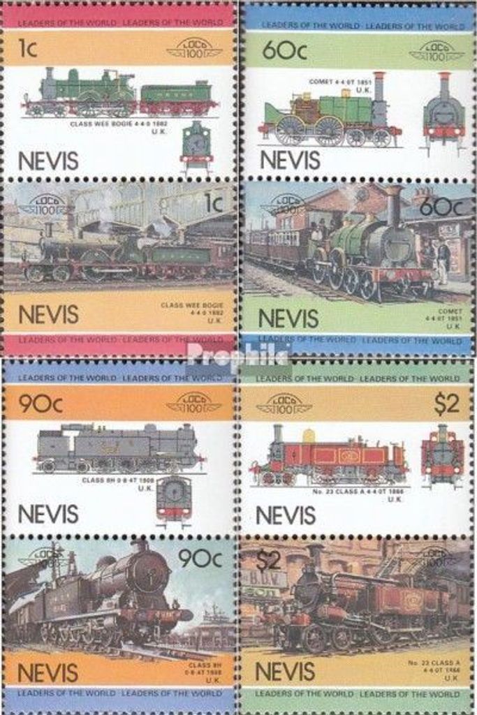 Briefmarken Nevis 1985 Mi 260-267 Paare (kompl.Ausg.) postfrisch Lokomotiven