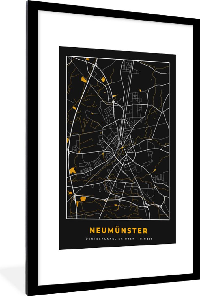 MuchoWow Gerahmtes Poster Deutschland - Schwarz und Gold - Neumünster - Stadtplan - Karte 60x90 cm - Poster mit Schwarzem Bilderrahmen Wandposte...