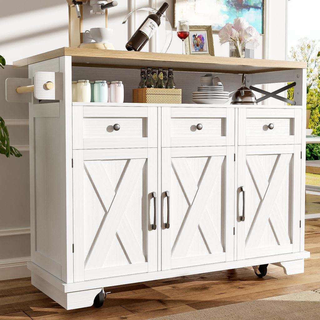 okwish Sideboard,Kommode,Küchenschrank, Kücheninsel auf Rollen mit multifunktionalem Stauraum, herausnehmbaren Trennwänden, mit Handtuchhalter, ...