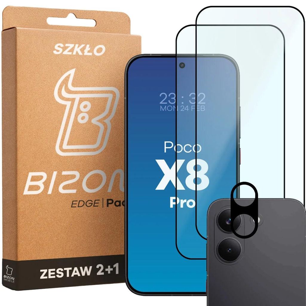 2x Gehärtetes Glas + Kameraschutz für Xiaomi POCO X8 Pro, Bizon Glass Edge Pack, Schwarz