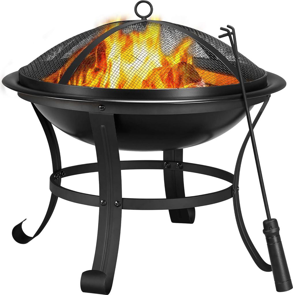 Gartenkamin mit Funkenschutz und Schürhaken, 54 x 49,5 cm (DxH), vierbeinige Feuerschale für Ihre Terrasse, formstabil, schwarz, hitzebeständige...