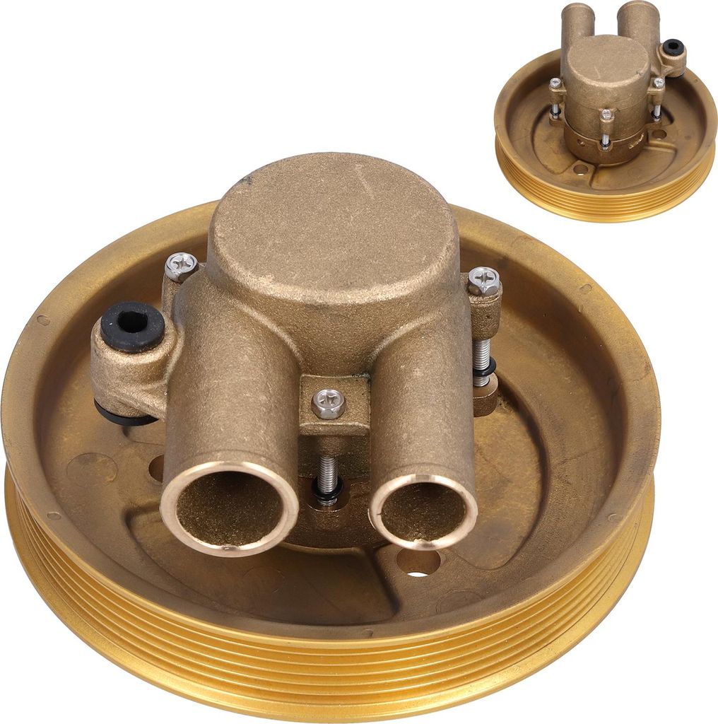 A brass raw water pump with a pulley attached, shown against a white background. A smaller, similar pump is visible in the upper right corner.