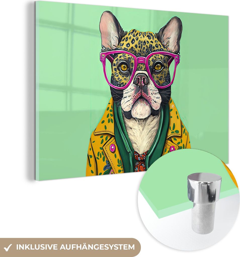 MuchoWow Glasbilder - Bilder auf Wandbild - Foto auf Glas Hund - Hippie - Tiere - Brille 120x80 cm Wanddekoration aus Glas - Acrylglasbild - Acrylb...
