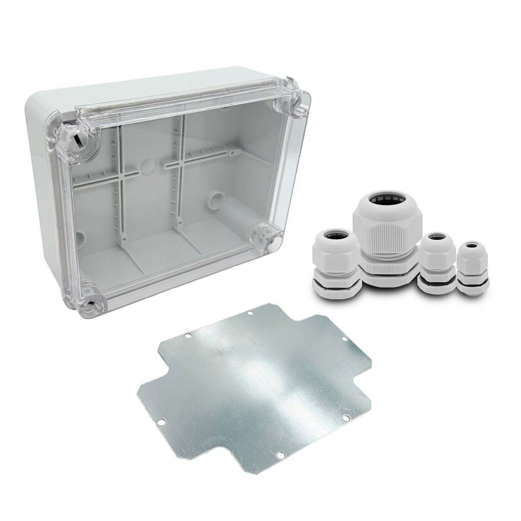 ARLI SET: Abzweigdose IP67 Sichttür Aufputz 190 x 145 x 80 mm inkl. Montageplatte + 40x Kabelverschraubung M12 / M16 / M20 / M25 Set