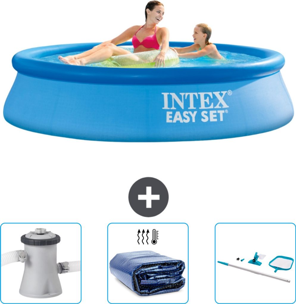 Intex runder aufblasbarer Easy Set-Pool – 244 x 61 cm – Blau – im Lieferumfang enthalten Filterpumpe für Schwimmbad - Sonnensegel - Reinigun...