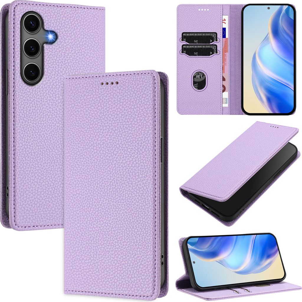 Litchi Leder Handyhülle für Samsung Galaxy S25+ Wallet Kartenfächer Standfunktion Hülle Violett