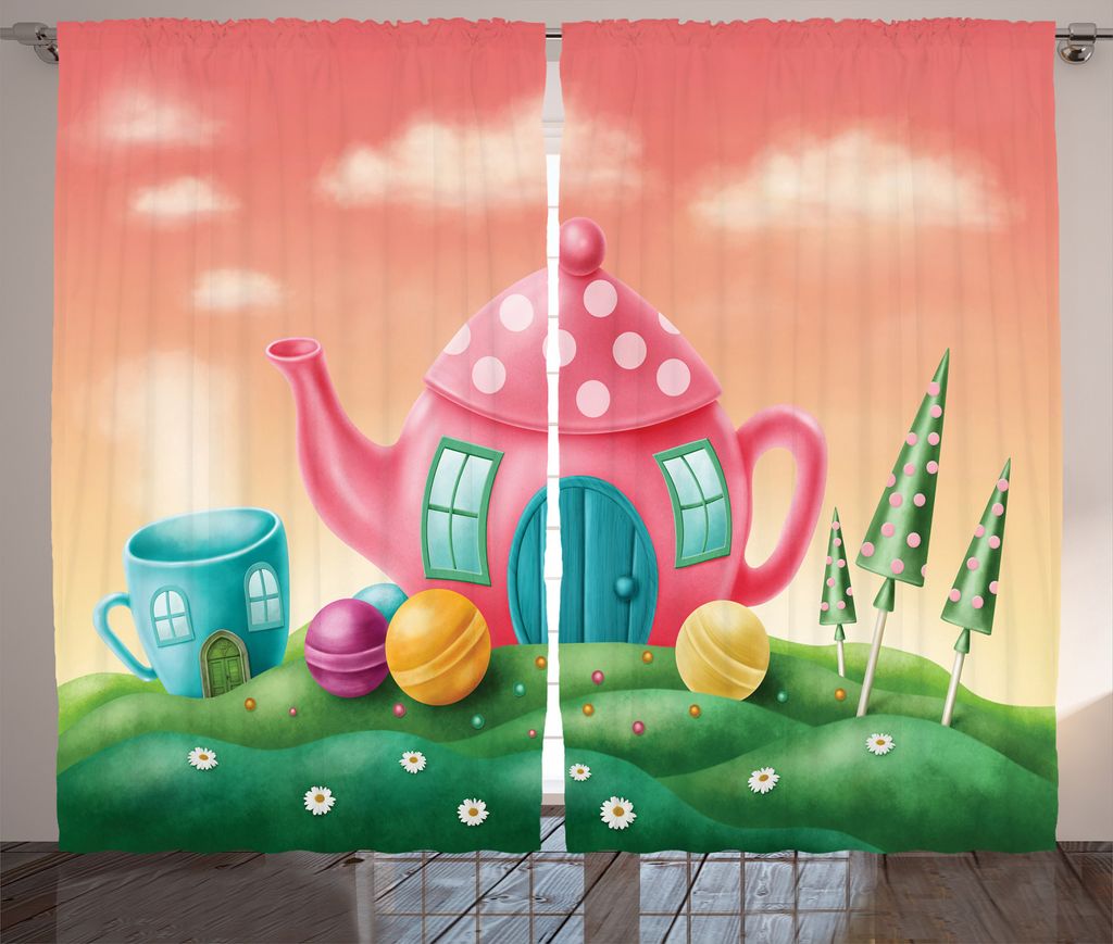 ABAKUHAUS Fantasie Rustikaler Gardine, Teekanne und Teacup Haus, Schlafzimmer Kräuselband Vorhang mit Schlaufen und Haken, 280 x 175 cm, Grün Rosa